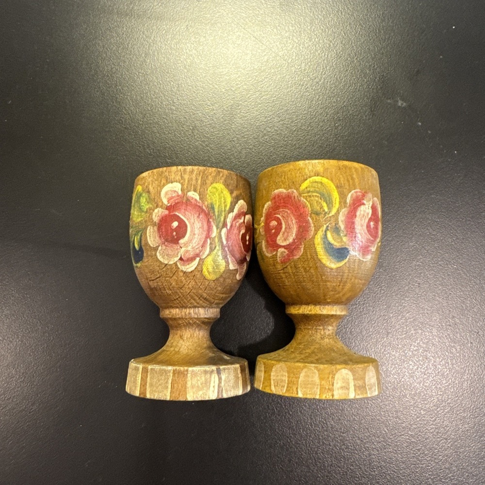 Vintage Wood Hand Painted Egg Cups‎ Set of 2 Lang Oberammergau Bavaria Germany